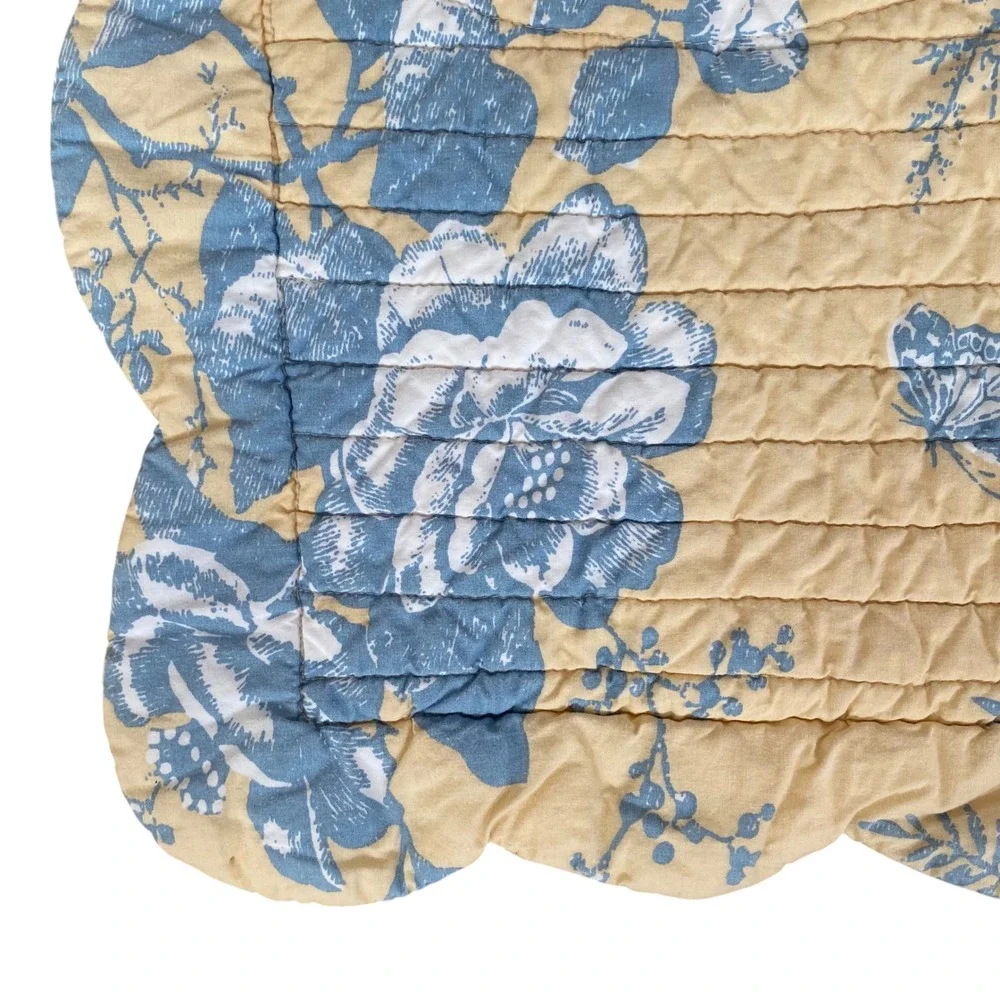 Floral Toile Quilted King Sham Yellow Blue Scalloped‎ Edge 100% Cotton RN102284